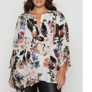 Catherine Malandrino Womens XL Floral Print V Neck Kimono Sleeve Tunic Top